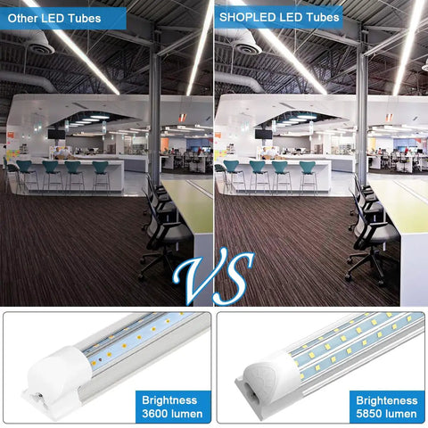 Comparison of other LED tubes and 4 Foot LED Shop Light Triple Row 288 LEDs D Shape 6000K Cool White 5850 Lumens for office.