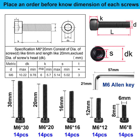 Pro Grade 70 Piece 12.9 Alloy Steel Hex Socket Head Cap Screws Set M6 With 8, 12, 16, 20, 30 Mm Lengths, Allen Head Hex Drive diagrams