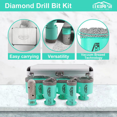 Diamond Core Tile Drill Bit Set 6pcs Pro-Grade Hole Saw Kit for Porcelain Tile Ceramic Marble Masonry Brick Concrete displayed with case
