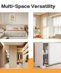 Four images showing bedroom, living room, closet, and cabinet spaces demonstrating the versatility of sliding closet door roller kits.