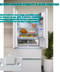 Refrigerator Hinge Shelf Assembly Replacement DA97-05251B installed on open fridge showcasing crisper drawers and shelves