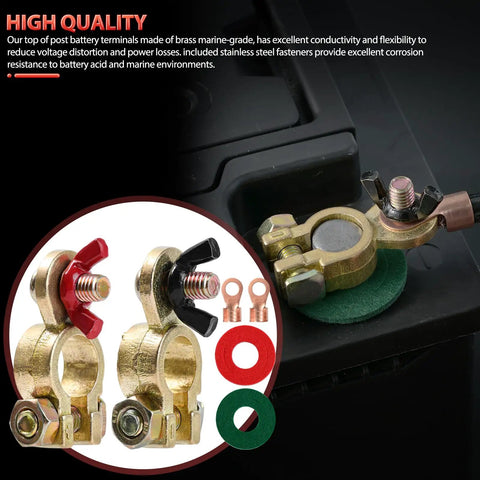 Pair Of Solid Brass Marine Battery Terminal Connectors Top Post For 12V 24V Vehicles Boats Cars RVs Pure Copper Clamp
