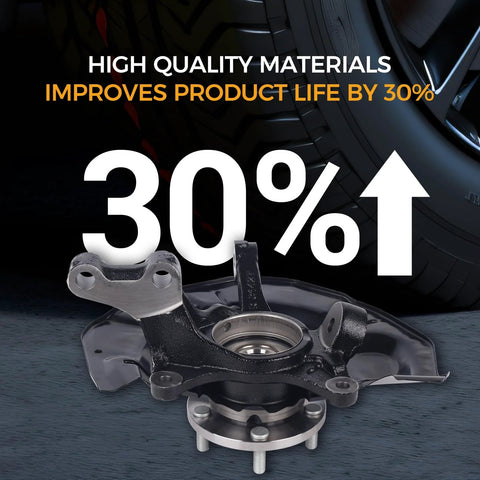Front Right Steering Knuckle Assembly And Wheel Hub Bearing Direct Fit For 2004-2009 Lexus RX330 RX350 RX400h And 2006-2007 Toyota Highlander Passenger Side Fits Front Right pictured against a car tire background with 30% improvement text overlay.
