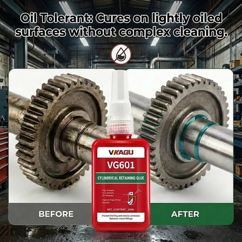 Beefy Heavy Duty Cylindrical Retaining Compound For Shafts Gears And Bushings Low Viscosity Anaerobic Glue Before and After Use
