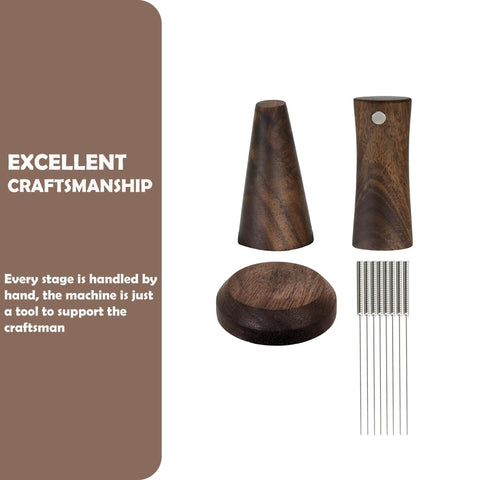 Espresso WDT Tool V2.0 with built-in magnet and stand, walnut wood components, eight stainless steel needles 0.35mm visible.