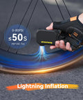 Cyclist using On-The-Go Mini Bike Pump With Gauge inflating tire with lightning inflation text displayed.