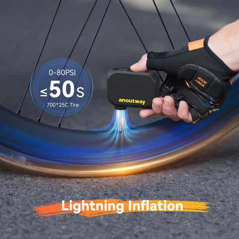 Cyclist using On-The-Go Mini Bike Pump With Gauge inflating tire with lightning inflation text displayed.
