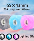 Set of three 65mm by 43mm 78A urethane skateboard wheels in gray, blue, and pink with lighting effect and 608RS bearings.