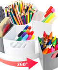 Slick Spin Art Supply Caddy For Kids With Seven Spacious Bins Holds Crayons Markers And Pencils Lazy Susan Base view of colorful art supplies organized.