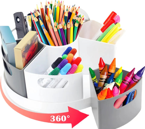 Slick Spin Art Supply Caddy For Kids With Seven Spacious Bins Holds Crayons Markers And Pencils Lazy Susan Base view of colorful art supplies organized.
