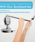 SparkPod polished chrome shower head, 6-inch round, front view with adjustable arm, high-pressure rain