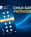 Top Shelf Alkaline Button Cell Batteries 12 Pack Legit Replacement For Ag13 A76 L1154 357 303 Sr44 Straight Up in child-safe packaging.