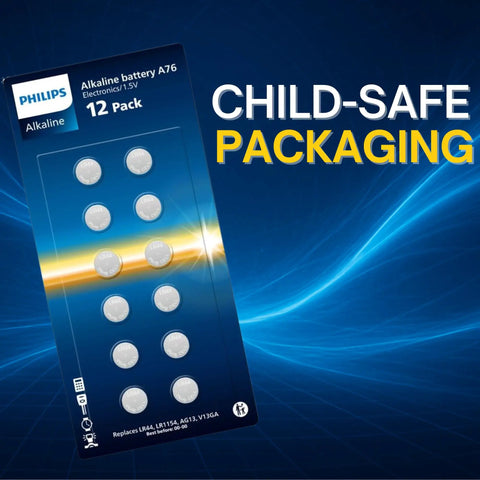 Top Shelf Alkaline Button Cell Batteries 12 Pack Legit Replacement For Ag13 A76 L1154 357 303 Sr44 Straight Up in child-safe packaging.