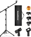 Heavy Duty Floor Microphone Stand With Boom Arm, Adjustable Tripod From 28.1 To 89.8 Inches, Includes Carrying Bag, Two Mic Clips, 3/8 To 5/8 Inch Adapter