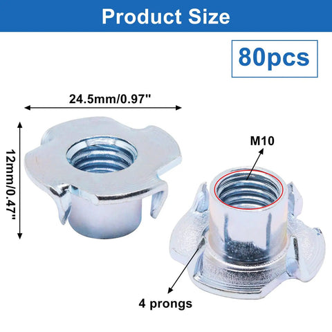M10 T Nuts 80Pcs Set Four Pronged Tee Nuts Threaded Inserts For Wood Cabinets Climbing Holds Zinc Plated Steel Rust Resistant