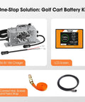 One-stop solution components including charger, LCD screen, and accessories for 36V 38.4V Compatible LiFePO4 Golf Cart Battery Upgrade Kit