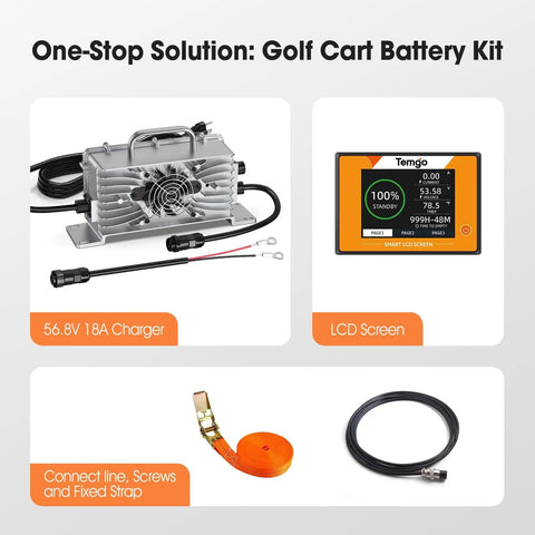 All In One 48V Lithium Golf Cart Battery Upgrade Kit with 56.8V 18A Charger, LCD screen, connectors, and strap