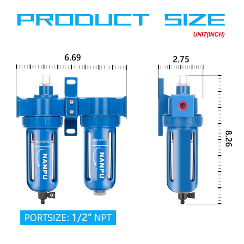 Pro Grade Coalescing Air Filter And Desiccant Dryer System With Poly Bowl, One Half Inch NPT, Perfect For Paint Spray And Plasma Cutter, Water Trap With Red Indicator, 0.01 Micron Element Removes 99.9 Percent Moisture And Oil