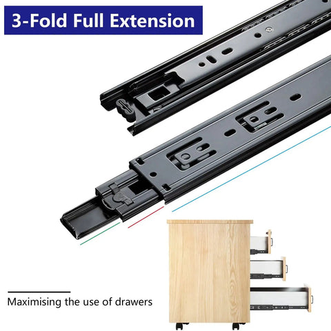 Heavy Duty Ball Bearing Drawer Slides 3 Fold Full Extension Detachable Side Mount Smooth Quiet Glide Black 10 Inch