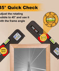 4 In 1 Laser Level For Home Renovation And Picture Hanging, Torpedo Style With 65 Ft Alignment Point, 16 Ft Laser Line, 10 Ft Tape Measure, Quick Angle Settings, Rotating Torpedo Bubble, Easy DIY Alignment Tool showing 45° frame angle check