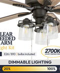 Close-up of River Run 52 Inch Farmhouse LED Ceiling Fan With Light, Edison bulbs in clear seeded glass, rustic wood blades.