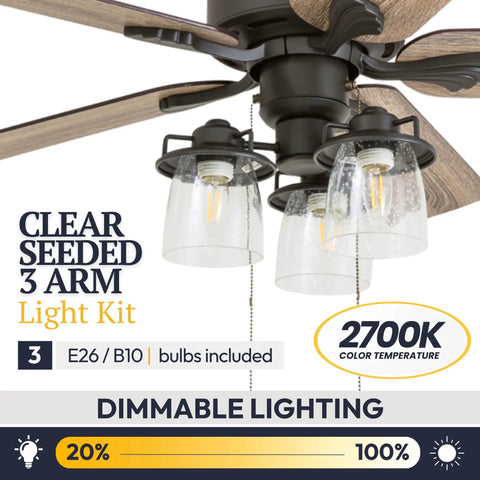 Close-up of River Run 52 Inch Farmhouse LED Ceiling Fan With Light, Edison bulbs in clear seeded glass, rustic wood blades.