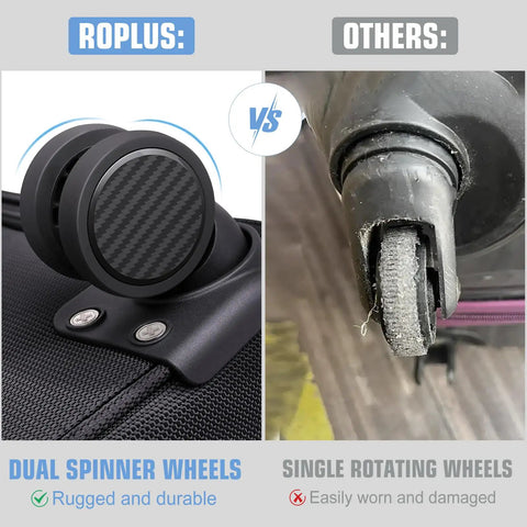 Comparison of dual spinner wheels on Softside Expandable Carry On Luggage With Four Spinner Wheels vs damaged single wheel