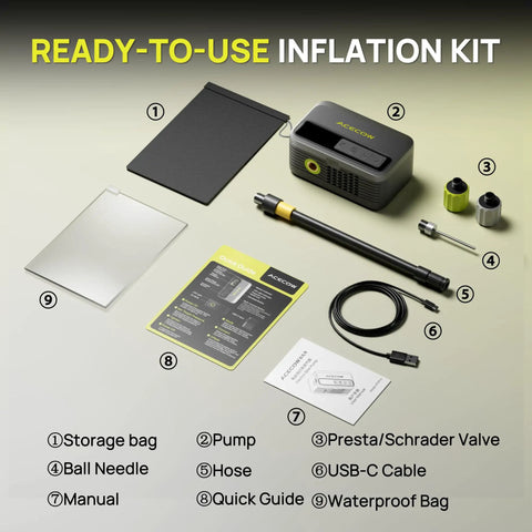 Mini Electric Bike Pump With Gauge Portable 120 PSI Fast Inflator kit showing pump, storage bag, ball needle, hose, USB-C cable, and manual.