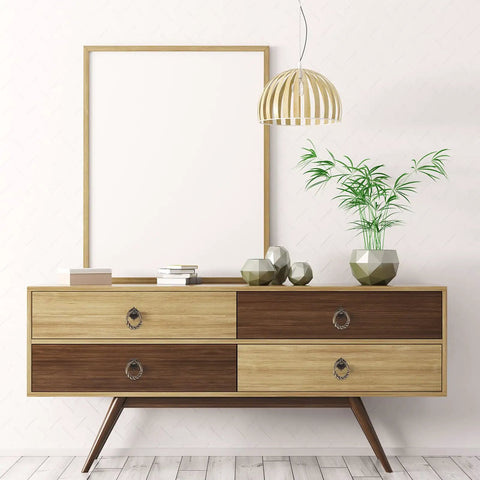 Modern dresser with 6pc Antique Bronze Cabinet Pull Handles Set, Vintage Cupboard Drawer Knobs, Retro Style Hardware accent.