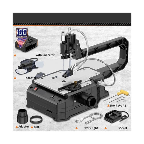 Powerful Desktop Scroll Saw For Snappy Wood Cuts With Dust Free Design And High Speed Motor Built Tough For Weekend Shop Projects And Intricate Craft Patterns Comes With Two Units, showcasing tool features and accessories.