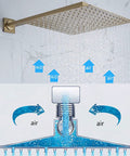 UMJIGF 12 Inch Brushed Gold Shower System Thermostatic Shower Faucet Set with Rotatable Tub Spout, shower head spraying water.
