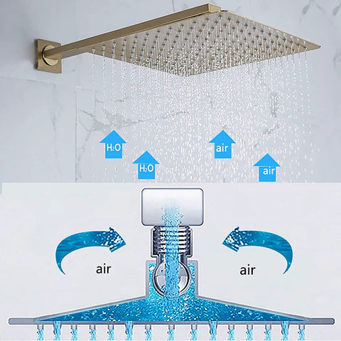 UMJIGF 12 Inch Brushed Gold Shower System Thermostatic Shower Faucet Set with Rotatable Tub Spout, shower head spraying water.