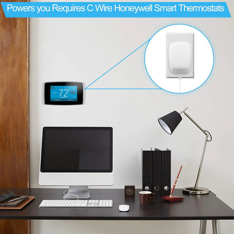 24 Volt Power Adapter Transformer C Wire Thermostat Adapter For Ring Doorbell And Thermostat Compatible With Ecobee Sensi And Honeywell 25 Foot Cable Included Easy Install Plug And Play powers a Honeywell thermostat on wall