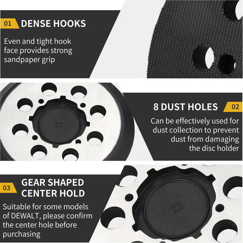 Close-up of 2 Pack 5 Inch 8 Hole Hook And Loop Orbital Sander Pad Replacement for DeWalt with dense hooks and gear shaped center hole.