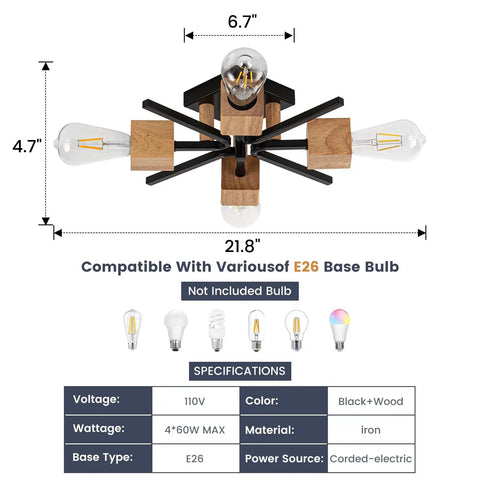 Cool 4 Light Sputnik Ceiling Light Fixture Black Flush Mount With Wood Base, Modern Farmhouse Style, specs and dimensions shown