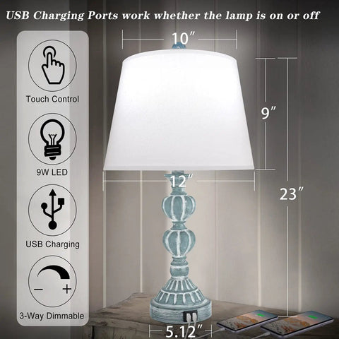 Set Of 2 Touch Control Table Lamps, 3 Way Dimmable Bedside Lamps With USB Ports, Coastal Farmhouse Desk Lamps, Blue Washed White, size details