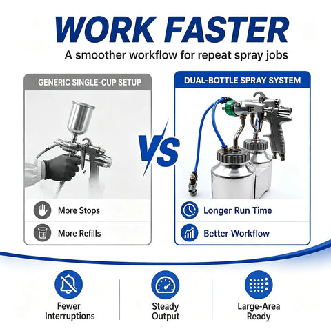 Comparison of paint sprayer setups showing Heavy Duty Dual Head Paint Spray Gun With High Pressure Feed, Massive Two Liter Tank.