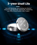 Top Shelf SR621SW And 364 Watch Batteries Ten Pack 1.55V Silver Oxide Button Cells showing a 364 SR621SW battery with focus on its 3-year shelf life.