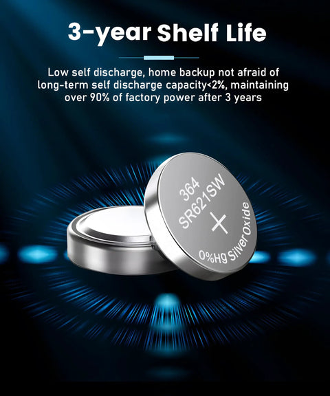 Top Shelf SR621SW And 364 Watch Batteries Ten Pack 1.55V Silver Oxide Button Cells showing a 364 SR621SW battery with focus on its 3-year shelf life.