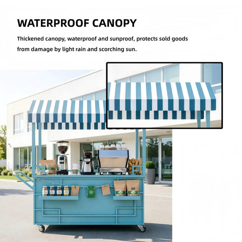 Hustle Ready Portable Mobile Vendor Cart, Dope Flower Display Stand With Heavy Duty Awning, Street Smart Pop Up Food Stall For Market Crafts, Golden Wide Countertop Rack with waterproof canopy.