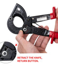 Heavy Duty Ratchet Cable Wire Cutter For Slick One Hand Operation With High Voltage Insulated Handles And Quick Release Lever To Cut Copper Or Aluminum Without Any Hassle in use, showcasing knife retraction mechanism.