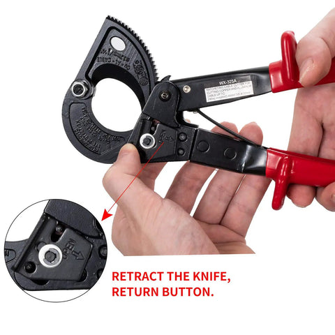 Heavy Duty Ratchet Cable Wire Cutter For Slick One Hand Operation With High Voltage Insulated Handles And Quick Release Lever To Cut Copper Or Aluminum Without Any Hassle in use, showcasing knife retraction mechanism.