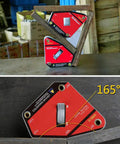 Beefy On Off Switch Magnetic Welding Clamp, multi-angle positioning on metal surface, showing 165-degree alignment, 70 lb pull, red