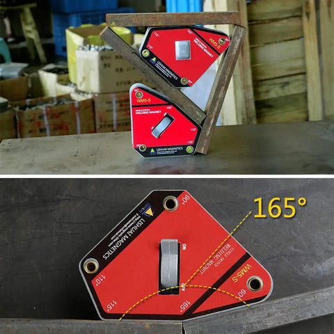 Beefy On Off Switch Magnetic Welding Clamp, multi-angle positioning on metal surface, showing 165-degree alignment, 70 lb pull, red