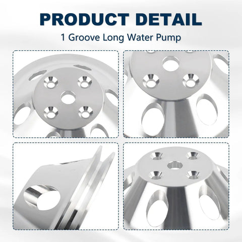 Beefy Aluminum Small Block Chevy Water Pump With 1 Groove Long Pulley showcased in detailed product images