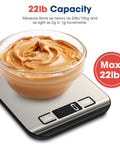 High Accuracy Digital Kitchen Scale For Baking And Cooking, 22 lb capacity, weighs bowl of peanut butter on LCD display - max 22lbs