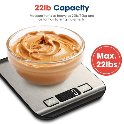 High Accuracy Digital Kitchen Scale For Baking And Cooking, 22 lb capacity, weighs bowl of peanut butter on LCD display - max 22lbs