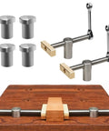 Heavy Duty 2 Pack Bench Dog Clamps With 4 Pack Woodworking Hold Downs Fits 19mm Holes on wooden workbench surface.