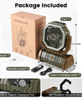 30000mAh Camping Fan With LED Lantern, Rechargeable Oscillating Tent Fan With Remote, shown with packaging, remote, and cables