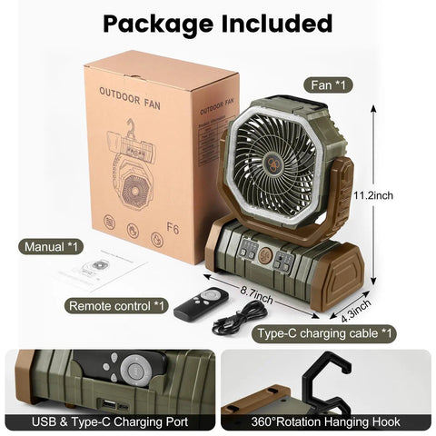 30000mAh Camping Fan With LED Lantern, Rechargeable Oscillating Tent Fan With Remote, shown with packaging, remote, and cables